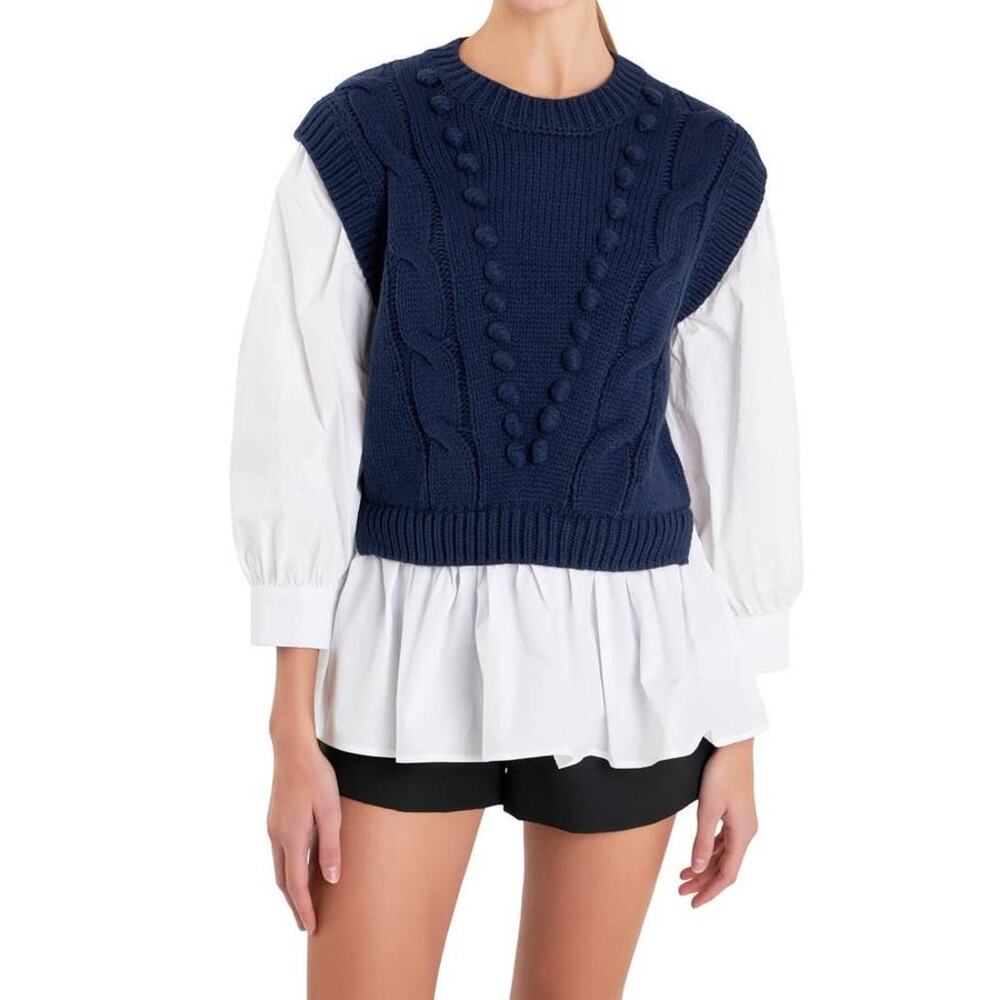 English Factory Mixed Media Cable Knit Sweater Vest Poplin Blouse Navy White M